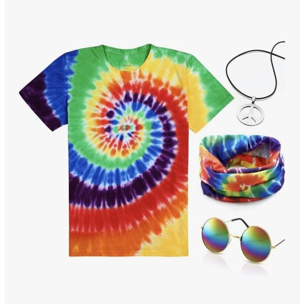 4 Pieces Hippie Costume Set, Colorful Tie-Dye T-Shirt, Peace Sign Necklace Small